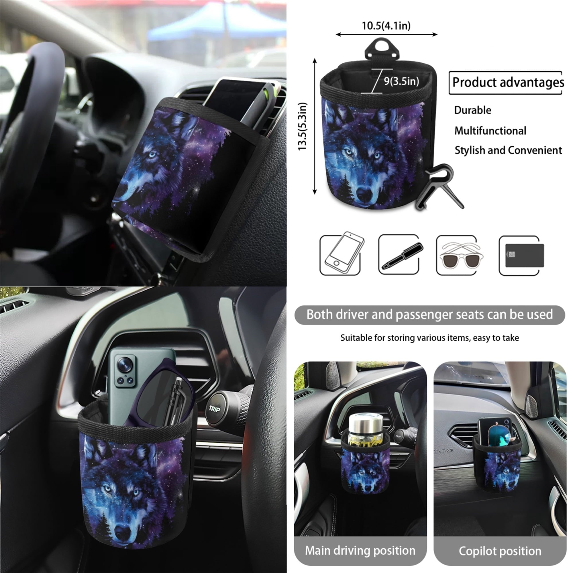Jeiento Galaxy Wolf 15 PCS Car Seat Cover Full Set with Steering Wheel Cover Seat Belt Strap Cover Trash Cans Rear View Mirror Cover Cup Coaster Keychain Air Vent Storage Bag Car Decor
