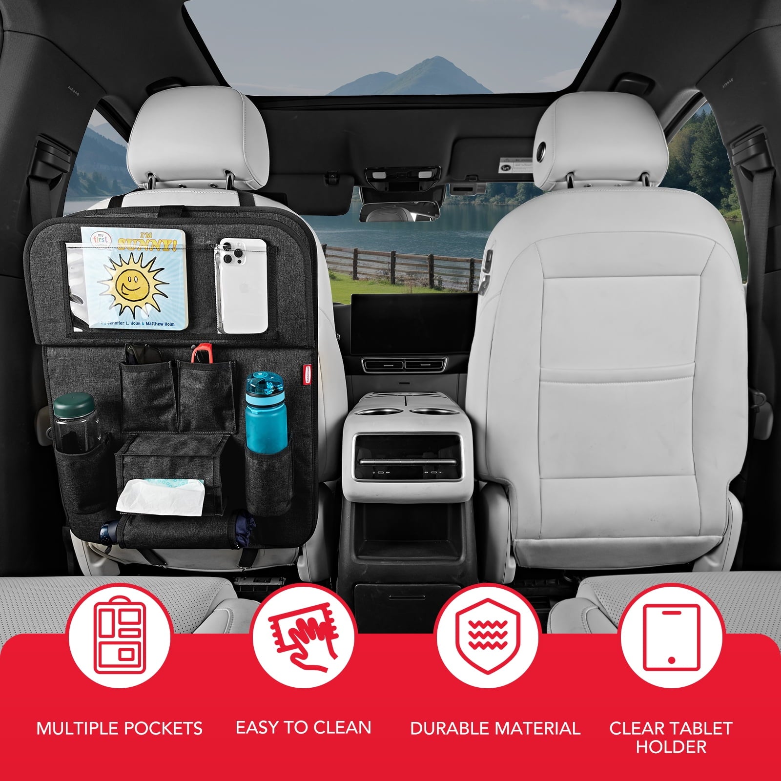 Rubbermaid Car Backseat Organizer, Foldable Table Tray, Storage Bag with Multiple Pockets for Cars, Trucks and SUVs.