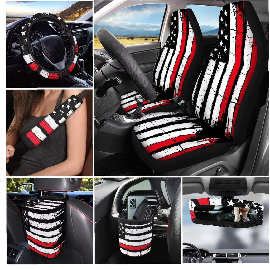 KUIFORTI American Flag Car Seat Covers,Breathable Automotive Seat Covers for Cars SUV Pick-up Truck Sedan,Universal Fit Anti-Slip Steering Wheel and Seat Belt Cover Set
