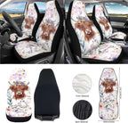 Yuyamidu 12 Pcs Highland Cow Car Front Seat Cover Set Purple Flower Steering Wheel Armrest Cover Seat Belt Pads Garbage Can Air Vent Pouch Rearview Mirror Cover Coasters Keychain Auto Accessories