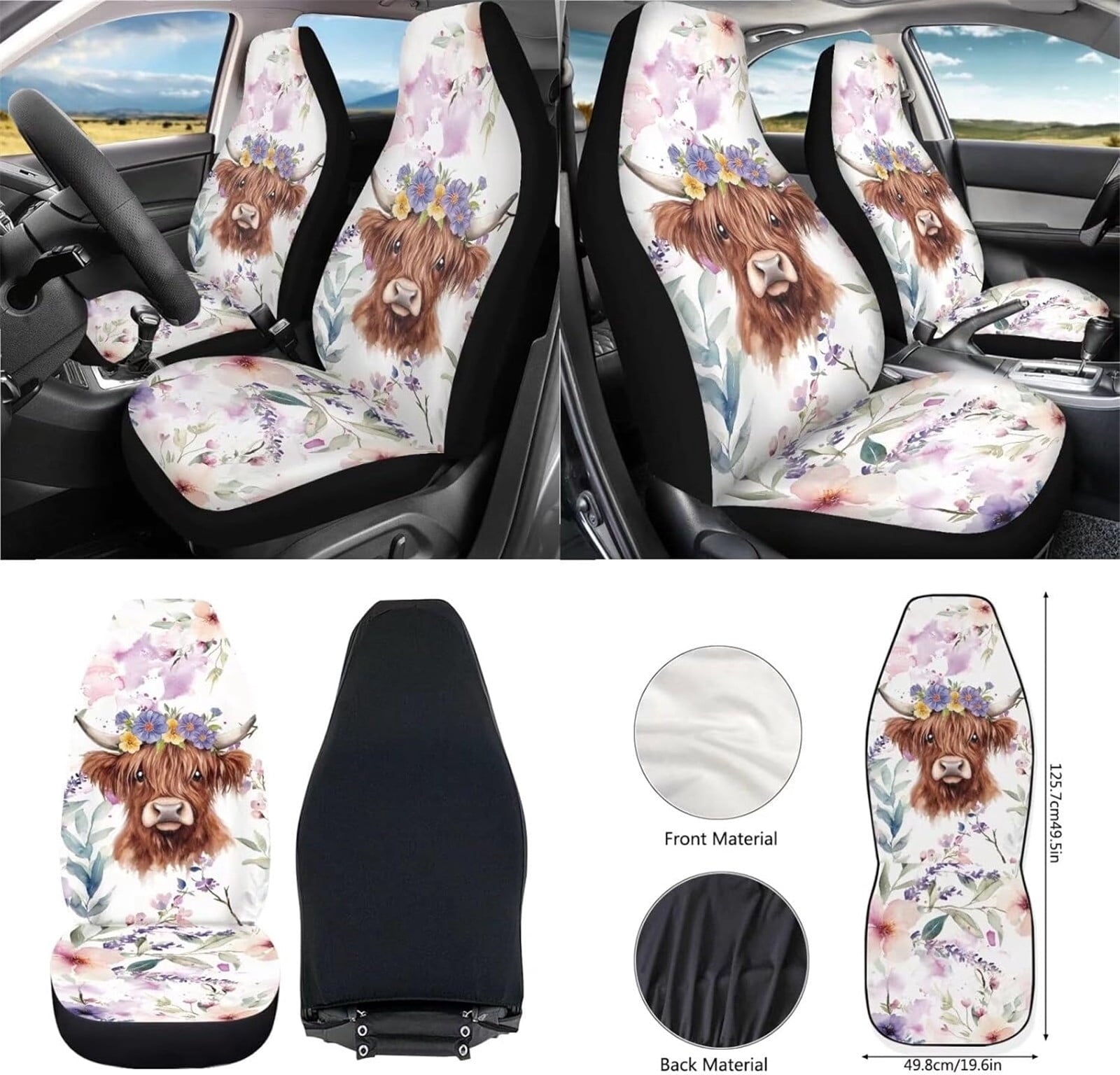 Yuyamidu 12 Pcs Highland Cow Car Front Seat Cover Set Purple Flower Steering Wheel Armrest Cover Seat Belt Pads Garbage Can Air Vent Pouch Rearview Mirror Cover Coasters Keychain Auto Accessories