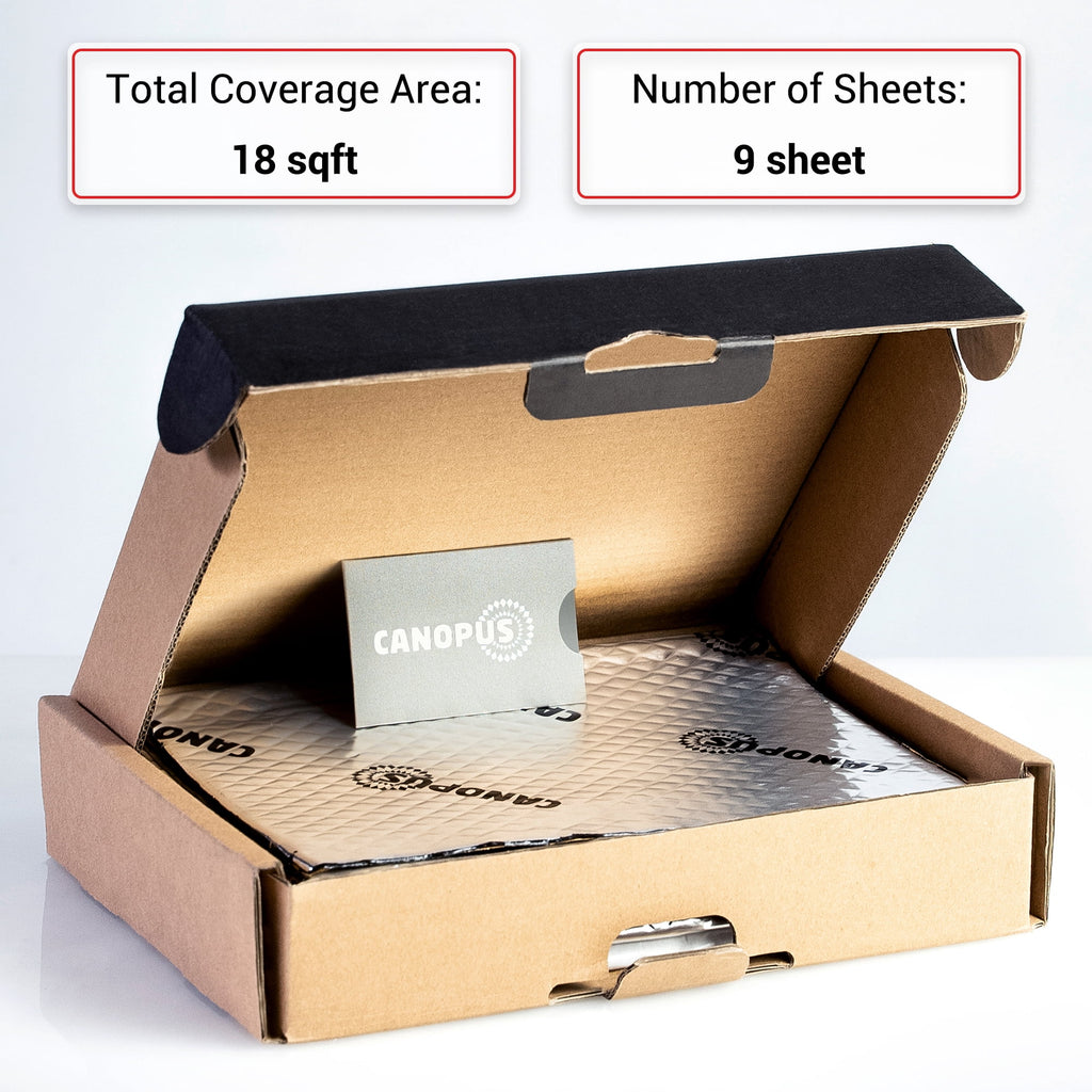 Canopus Car Sound Deadening Mat, 80 Mil 18 Sqft, Pack of 9 Sheets, Butyl Sound Deadener Mat, Audio Car Sound Dampening Material for Car Trunk, Door, Floor and Ceiling, SilveM