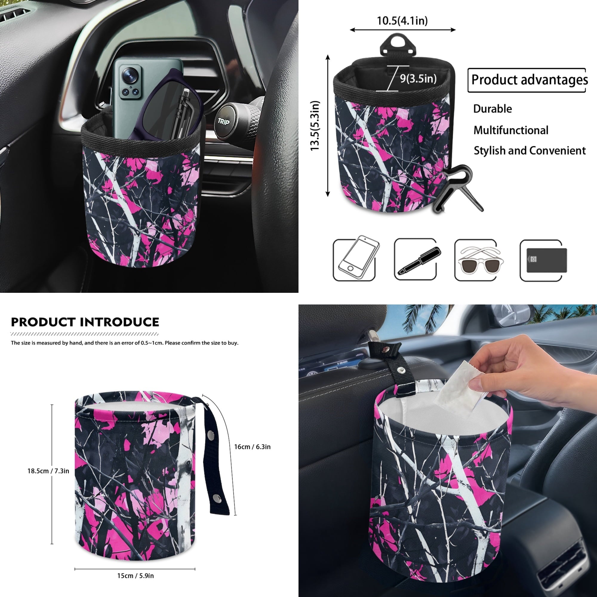 Jeiento Camo Hunting Front Car Seat Cover Full Set 12 PCS with Steering Wheel Cover Seatbelt Pad Armrest Pad Coasters Garbage Bins Rear View Mirror Cover Keychain Air Vent Storage Pouch Pink