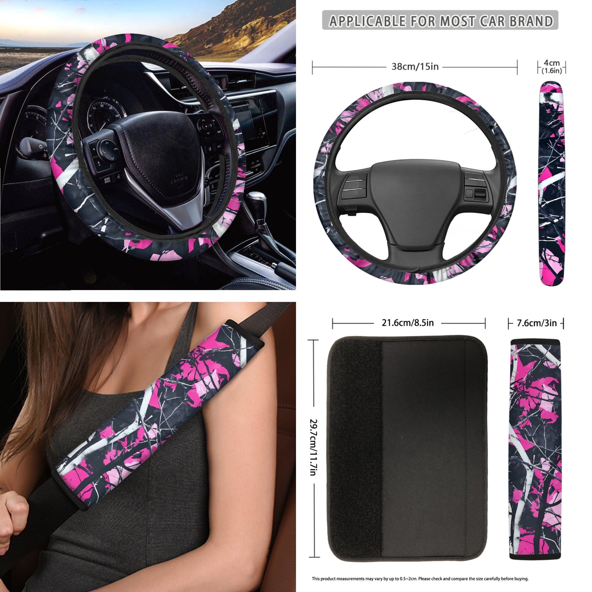 Jeiento Camo Hunting Front Car Seat Cover Full Set 12 PCS with Steering Wheel Cover Seatbelt Pad Armrest Pad Coasters Garbage Bins Rear View Mirror Cover Keychain Air Vent Storage Pouch Pink