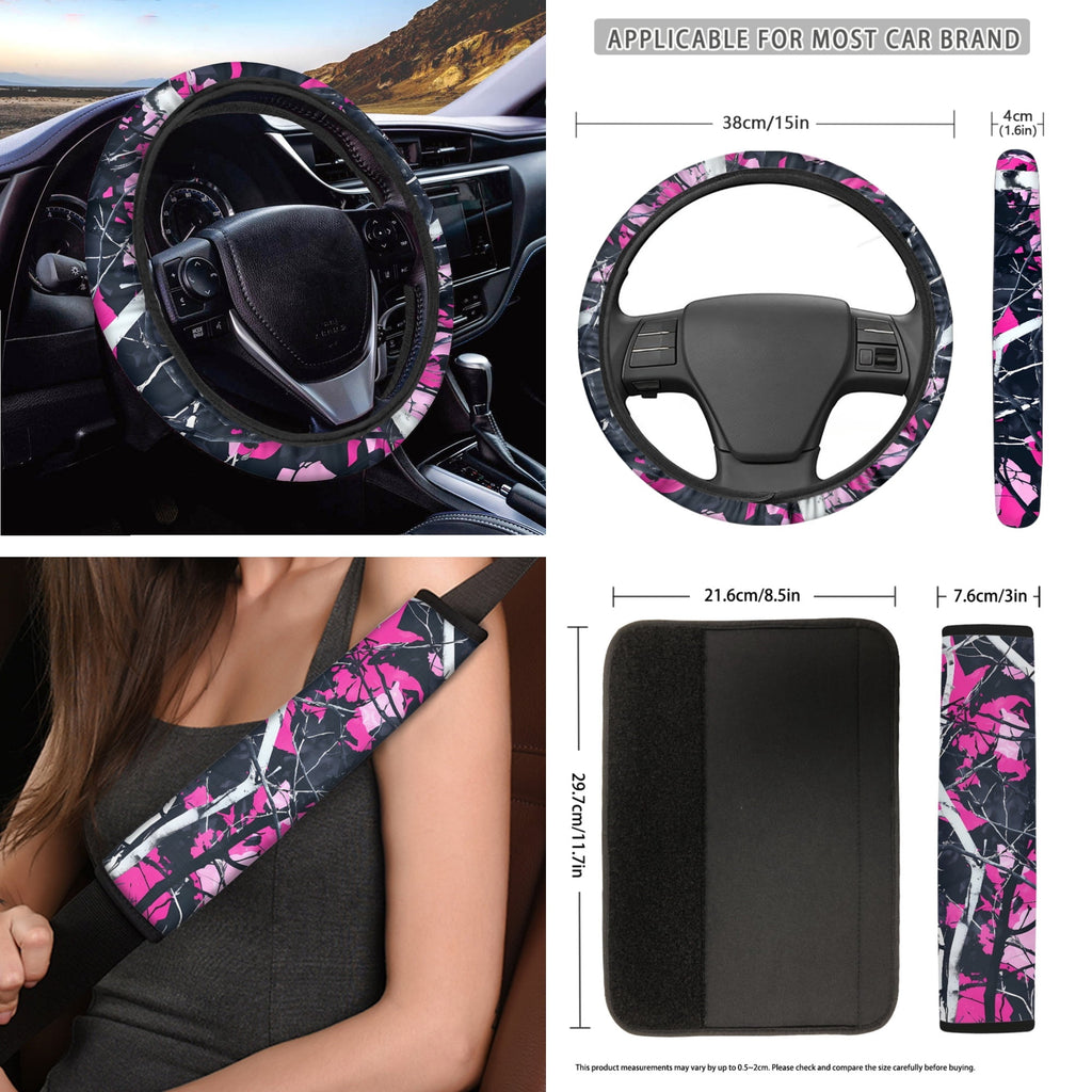Jeiento Camo Hunting Front Car Seat Cover Full Set 12 PCS with Steering Wheel Cover Seatbelt Pad Armrest Pad Coasters Garbage Bins Rear View Mirror Cover Keychain Air Vent Storage Pouch Pink