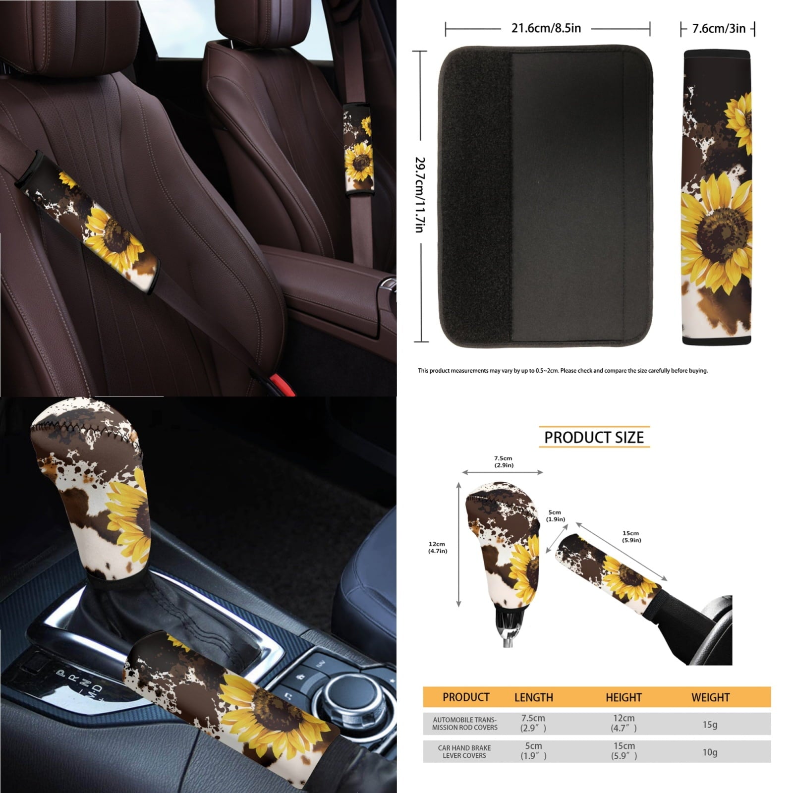 Yuyamidu Sunflower Car Seat Covers Brown Cow Print Steering Wheel Cover Seat Belt Strap Pad Handbrake Cover Gear Shift Knob Cover Rubbish Bin Armrest Pad Rearview Mirror Cover Coasters, Set of 14