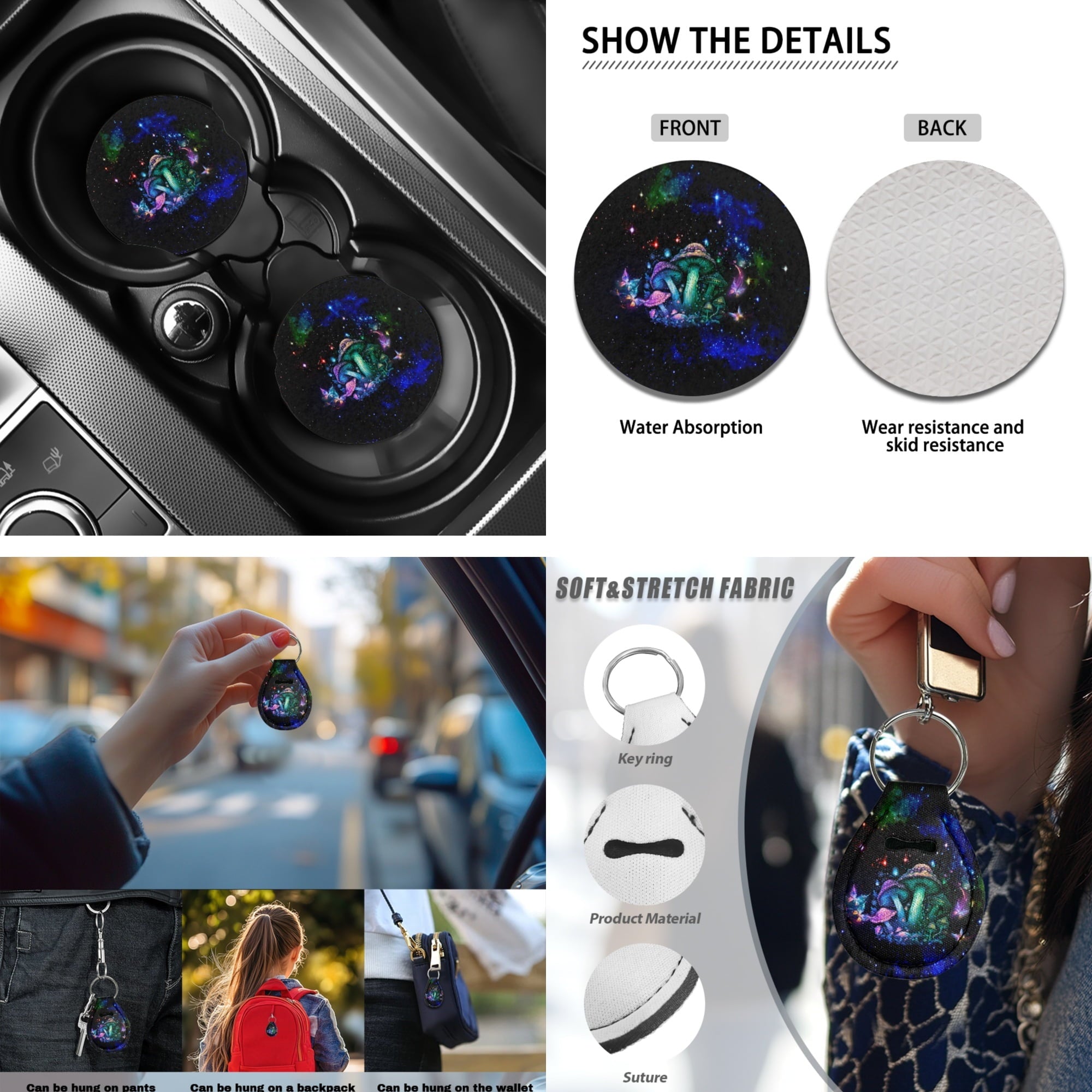 Jeiento Hippie Mushroom Car Seat Cover Full Set of 13 Steering Wheel Cover Seatbelt Pads Auto Armrest Cover Coasters Key Chain for Van SUV Sedan Truck