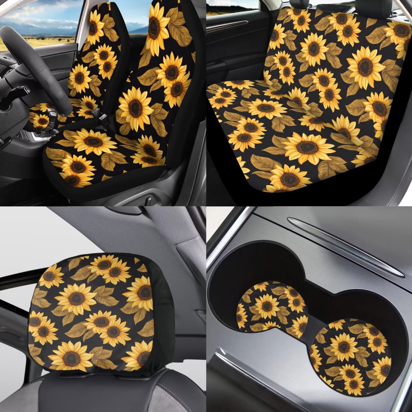Jeiento Sunflower Car Seat Covers Full Set 11 PCS, Front Back Car Seat Covers Keychain Headrest Cover Coasters Handbrake Cover Gear Shift Knob Cover Auto Accessories for Women Men