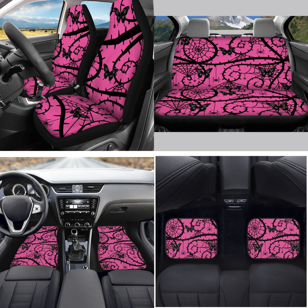Yuyamidu Pink Gothic Car Accessories Sets Butterfly Car Seat Covers Car Floor Mats Steering Wheel Cover Seatbelt Shoulder Pad Handbrake Cover Gear Shift Knob Cover Coasters 15 PCS