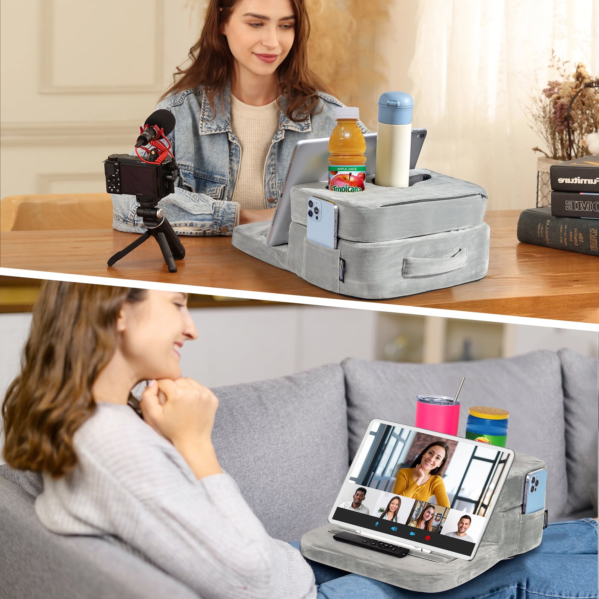 Couch Cup Holder Tray & Tablet Pillow Stand - Bed, Couch Caddy, Sofa - Holds Drinks, Snacks, Remotes, Phones, Tablet | Bed Cup Holder (Grey)