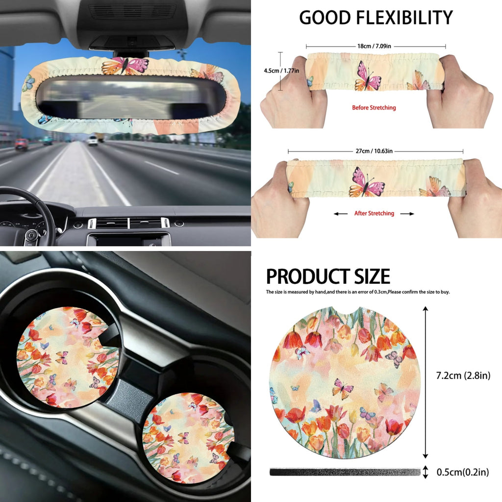 Yuyamidu 16 PCS Car Seat Cover Set with Steering Wheel Cover Tulip Seat Belt Strap Pad Butterfly Cup Holder Rear View Mirror Cover Keychain Gear Shift Knob Cover Car Shade for Front Windshield