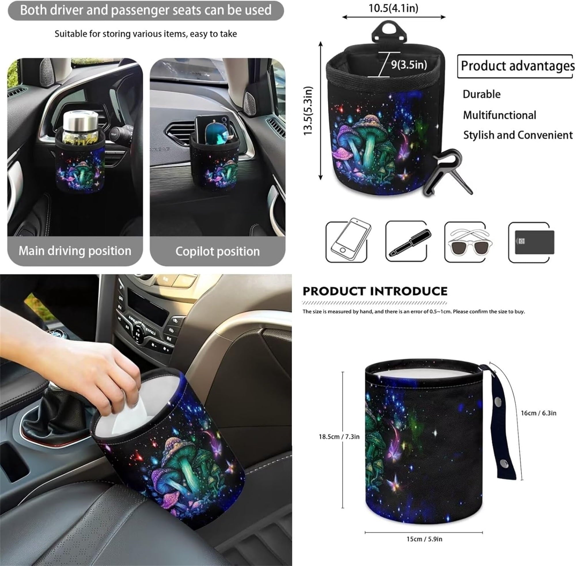 Jeiento Galaxy Mushroom 12 PCS Car Seat Covers for Front Seats with Steering Wheel Cover Seat Belt Covers Armrest Pad Trash Bin Sunglass Pocket Rear View Mirror Cover Coasters Keychain