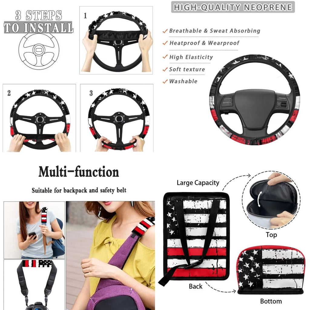 KUIFORTI American Flag Car Seat Covers,Breathable Automotive Seat Covers for Cars SUV Pick-up Truck Sedan,Universal Fit Anti-Slip Steering Wheel and Seat Belt Cover Set