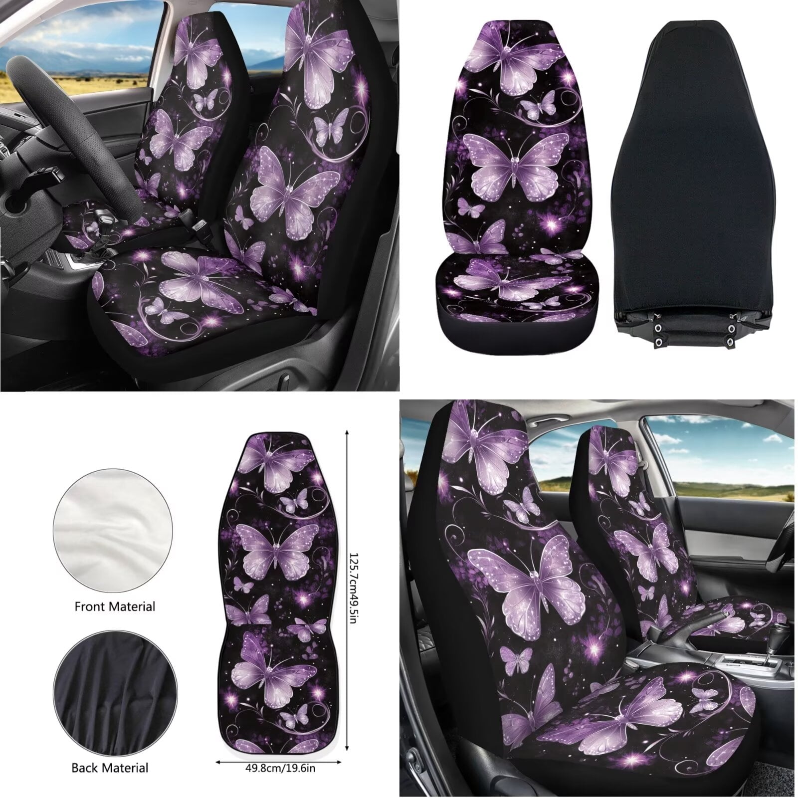 KUIFORTI 12 Pcs Butterfly Car Seat Covers and Accessories for Women, Steering Wheel Cover,Seat Belt Shoulder Pad Mirror Cover Coasters Car Auto Air Vent Keychain Chapstick Holder Car Trash Can
