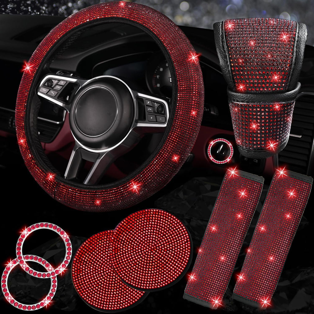 DEA 12 Pcs Bling Car Accessories Set for Women Car Floor Mats Full Set Steering Wheel Cover Seat Belt Covers Coasters Universal Fit Car SUV Truck Van Silver