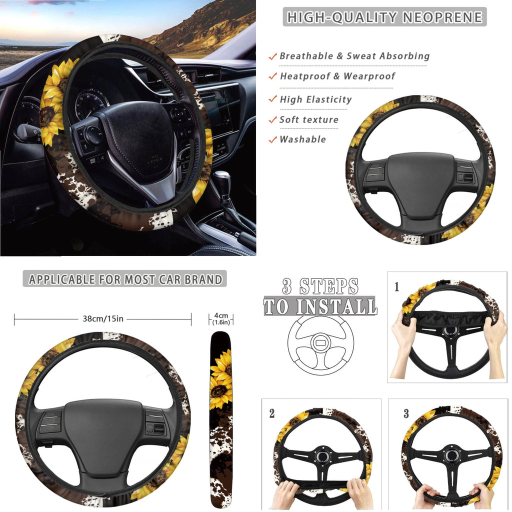 Yuyamidu Sunflower Car Seat Covers Brown Cow Print Steering Wheel Cover Seat Belt Strap Pad Handbrake Cover Gear Shift Knob Cover Rubbish Bin Armrest Pad Rearview Mirror Cover Coasters, Set of 14