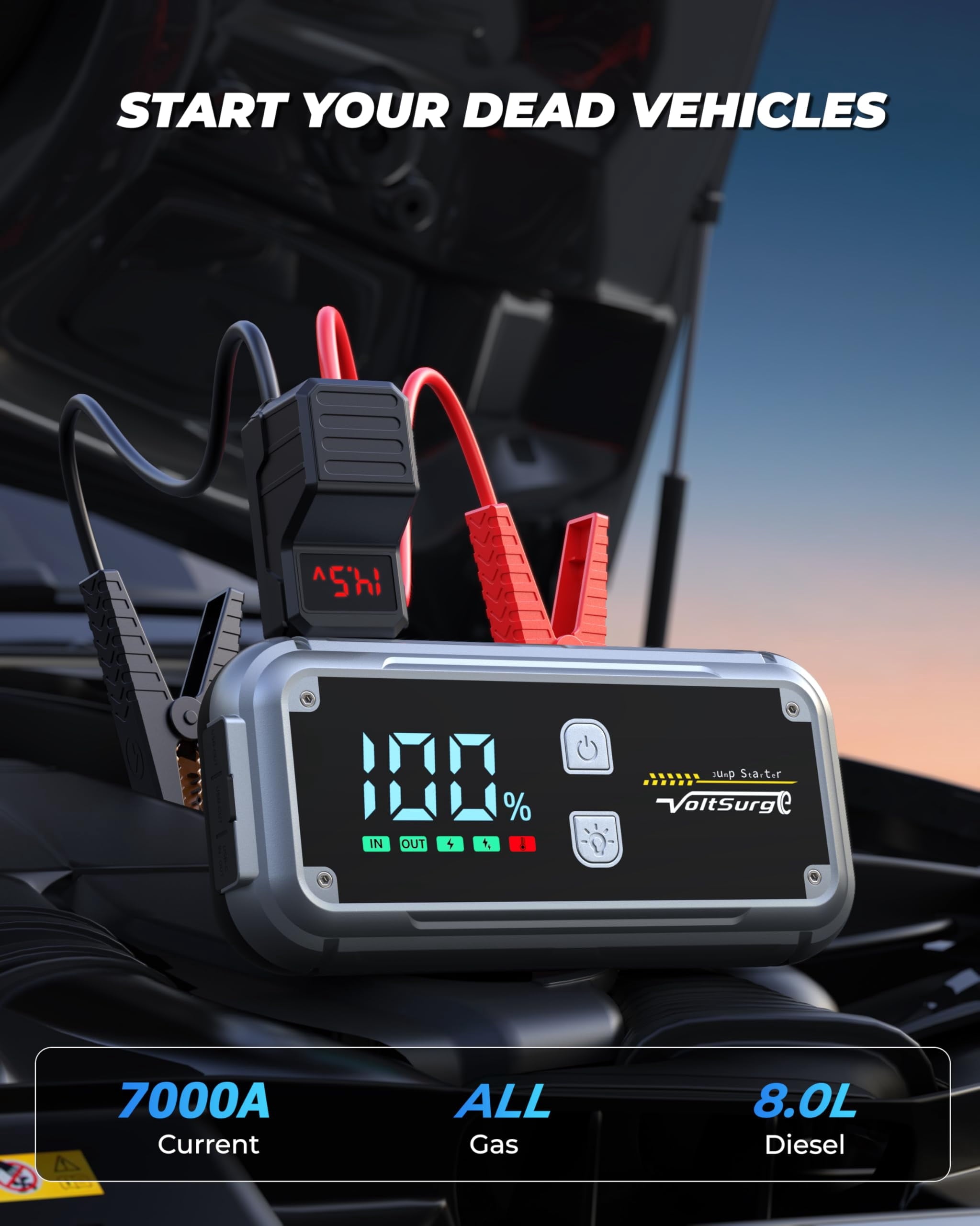 7000A Jump Starter Pack for Car, 12V Portable Jumper Starter (up to All Gas 8.0L Diesel Engine) with LCD Display, Jump Box Charger with Lithium Battery, QC3.0 & 4 LED Light Modes