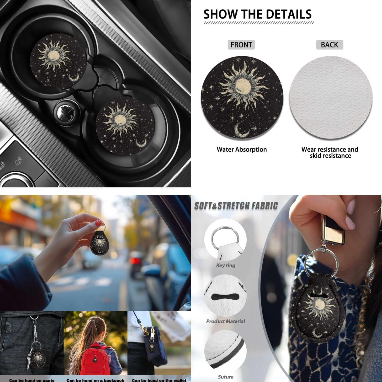 Yuyamidu Sun and Moon Car Seat Covers Full Set of 13 Black Steering Wheel Cover Safe Belt Pads Cup Holders Car Center Console Cover Lip Balm Holder Keychain Auto Interior Sets