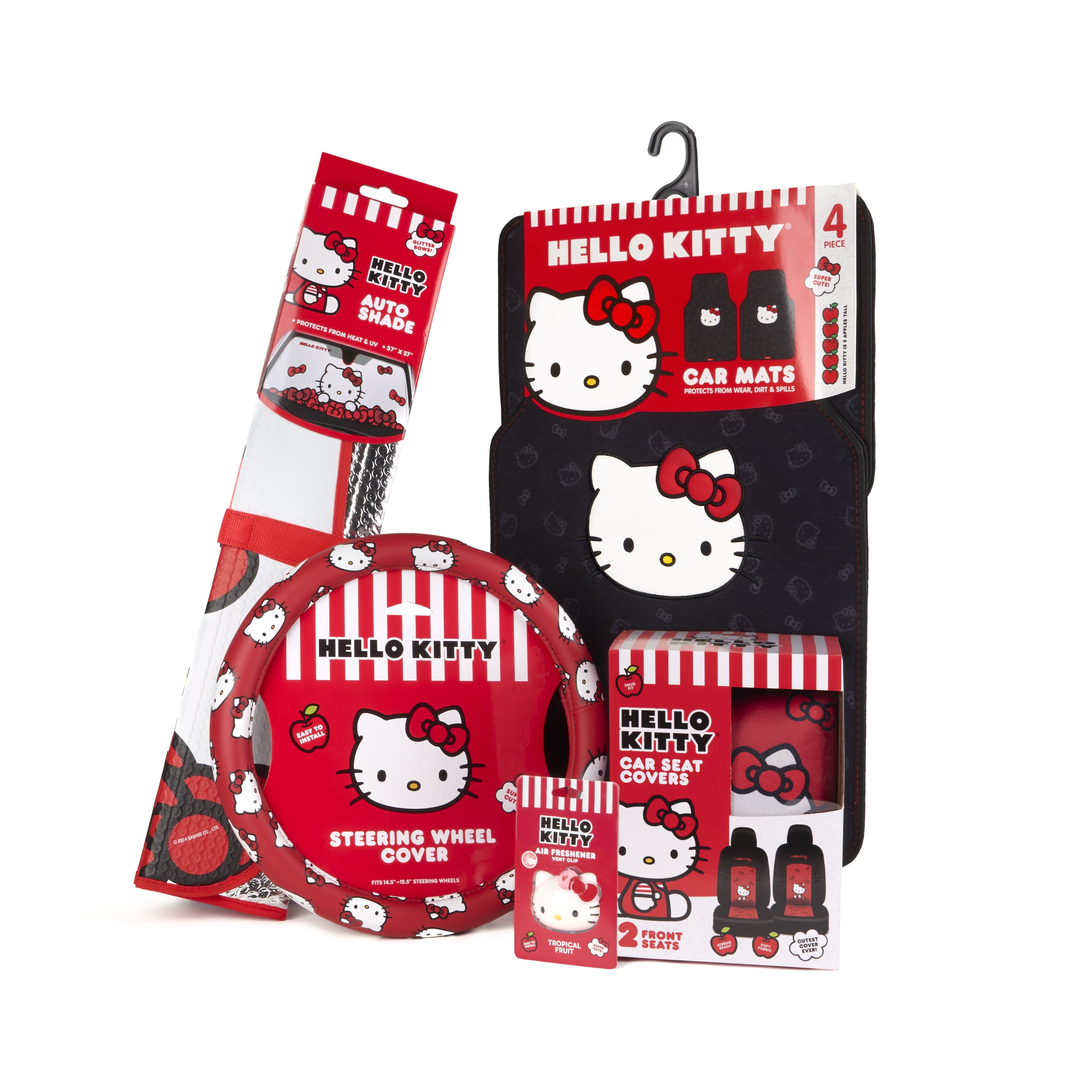 Hello Kitty Car Seat Covers, Car Floor Mats, Steering Wheel Cover, Windshield Sun Shade 9pc Combo for Car Gift Pack