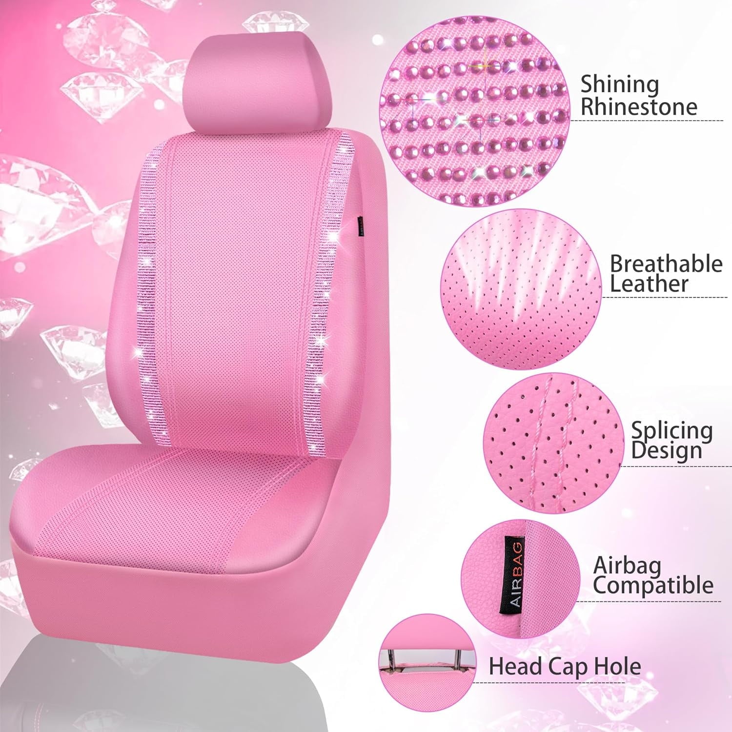 CAR GRAND Bling Car Seat Covers Front Pair, Shining Rhinestone Diamond Waterproof Faux Leather, Universal Fit Automotive Glitter Crystal Sparkle Strips for Cute Women Girl, solid pink