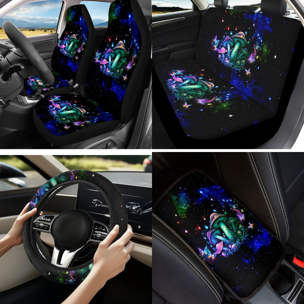 Jeiento Hippie Mushroom Car Seat Cover Full Set of 13 Steering Wheel Cover Seatbelt Pads Auto Armrest Cover Coasters Key Chain for Van SUV Sedan Truck