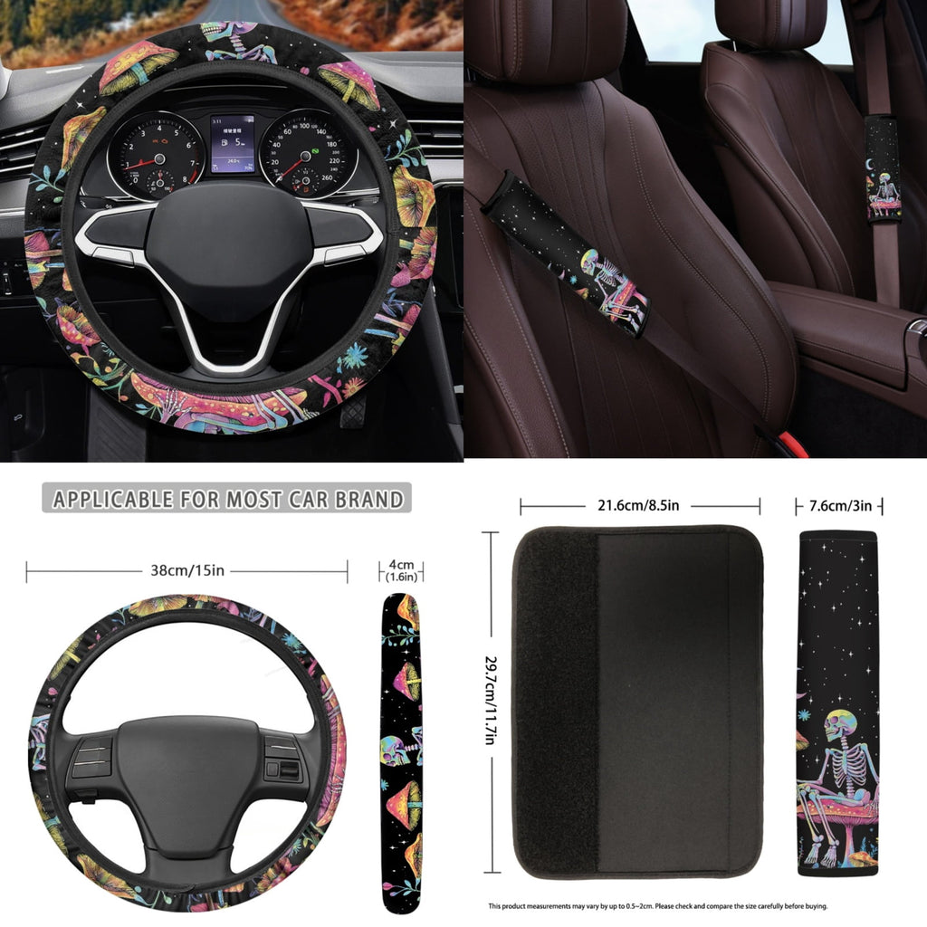 Yuyamidu Skull Car Seat Cover Full Set of 15 Red Mushroom Car Floor Mats Steering Wheel Cover Seat Belt Covers Cup Coasters Handbrake Cover Set