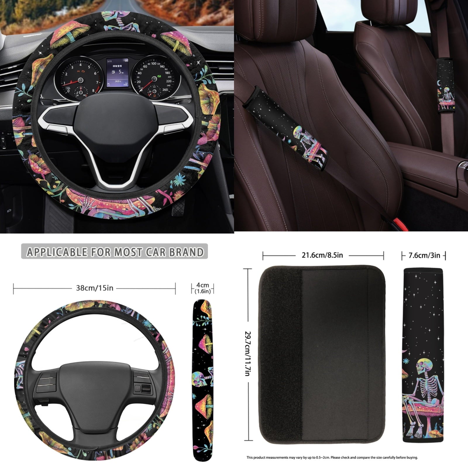 Yuyamidu Skull Car Seat Cover Full Set of 15 Red Mushroom Car Floor Mats Steering Wheel Cover Seat Belt Covers Cup Coasters Handbrake Cover Set