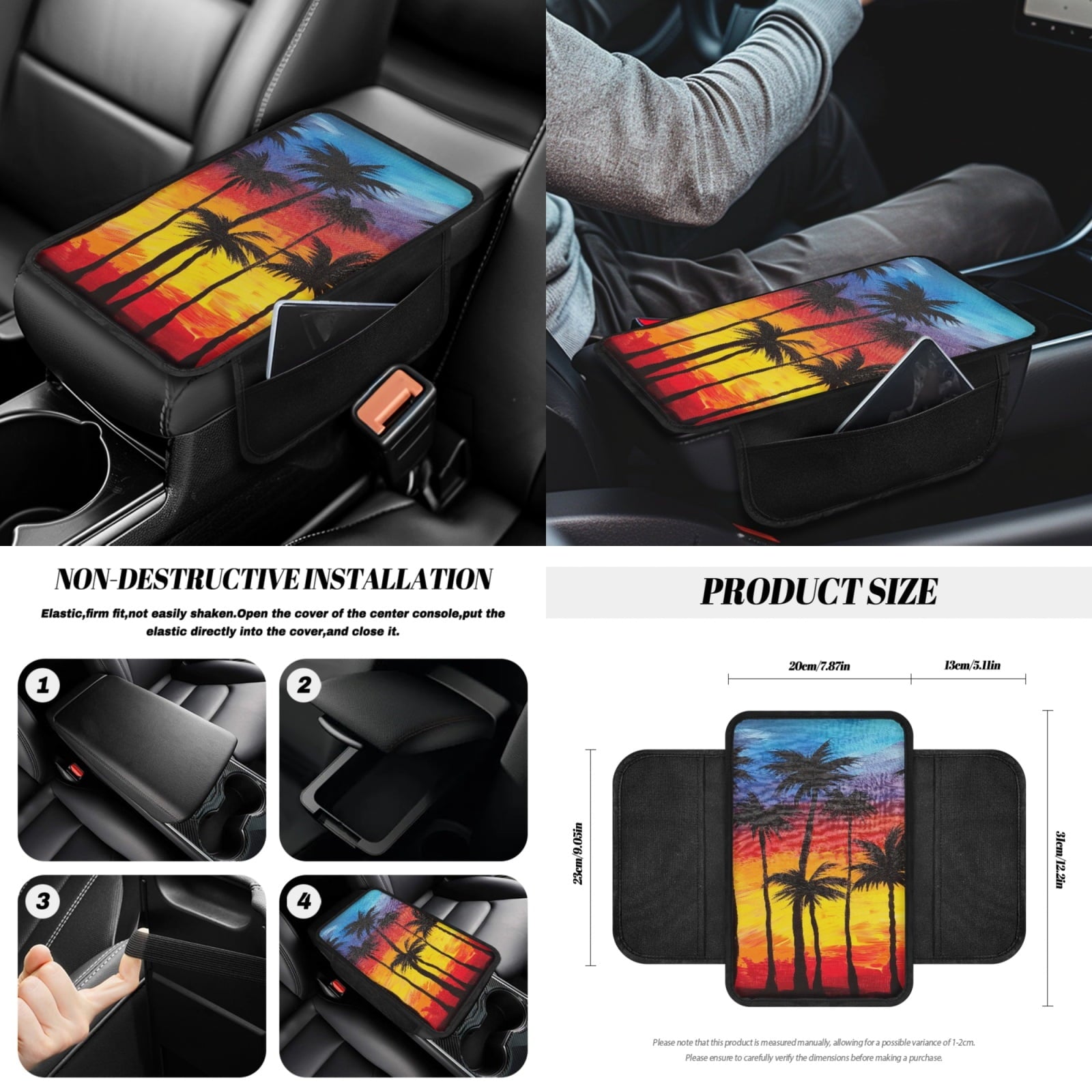 Jeiento Dusk Palm Leaves Car Seat Cover Full Set of 14 Car Seat Protector Auto Steering Wheel Cover Seatbelt Pads Armrest Cushion Trash Can Rearview Mirror Cover Handbrake Cover Set Coasters
