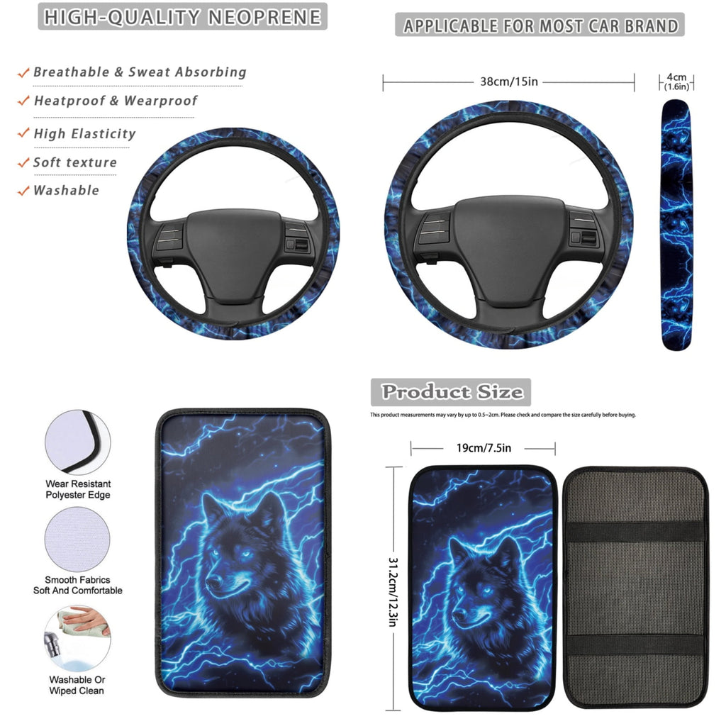 Yuyamidu Blue Wolf Car Seat Cover Full Set of 13 Fashion Auto Steering Wheel Cover Seatbelt Pads Armrest Cushion Coasters Key Chain Auto Interior Sets