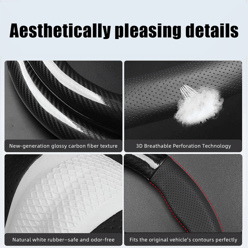 Flat Bottom Steering Wheel Cover, D Shaped Car Wheel Cover 14-14 1/4 in. (35.5-36 cm), for Tesla Model 3 / Y, for Camaro, Black Breathable Leather with Carbon Fiber Pattern