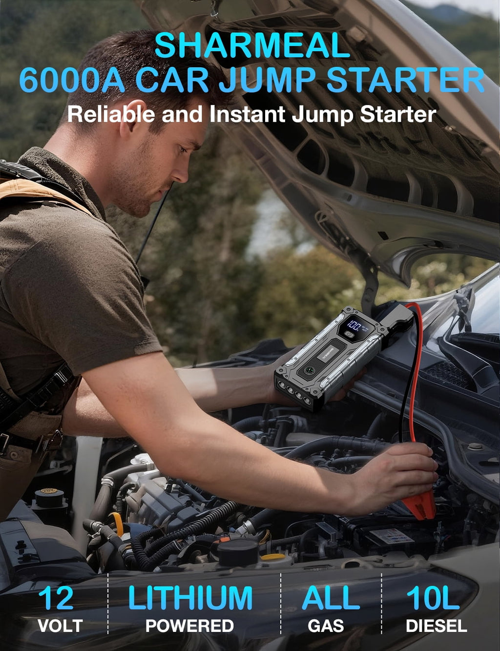 6000A Car Jump Starter, 12V Portable Jump Starter Car Battery Booster Jump Box Pack for All Gas & 10.0L Diesel Engines with LED Light
