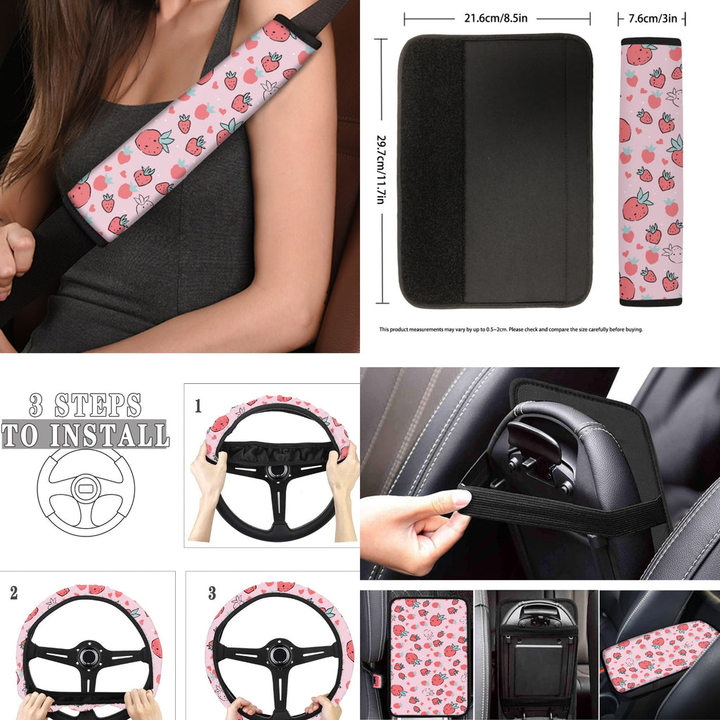 Jeiento Pink Strawberry Car Accessories Full Set for Women, Automotive Vehicle Seat Cover, Decorative Car Floor Mat Steering Wheel Cover Center Console Pad Universal Fit for SUV Van Truck Sedan