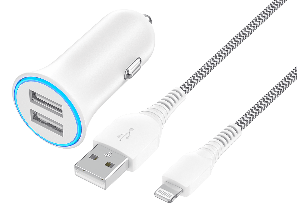 (5 pack) onn 24W Dual USB-A Port Car Charger with 3ft Braided Lightning to USB Cable, MFI Certified, White, Compatible with iPhone, iPad, Airpods and More