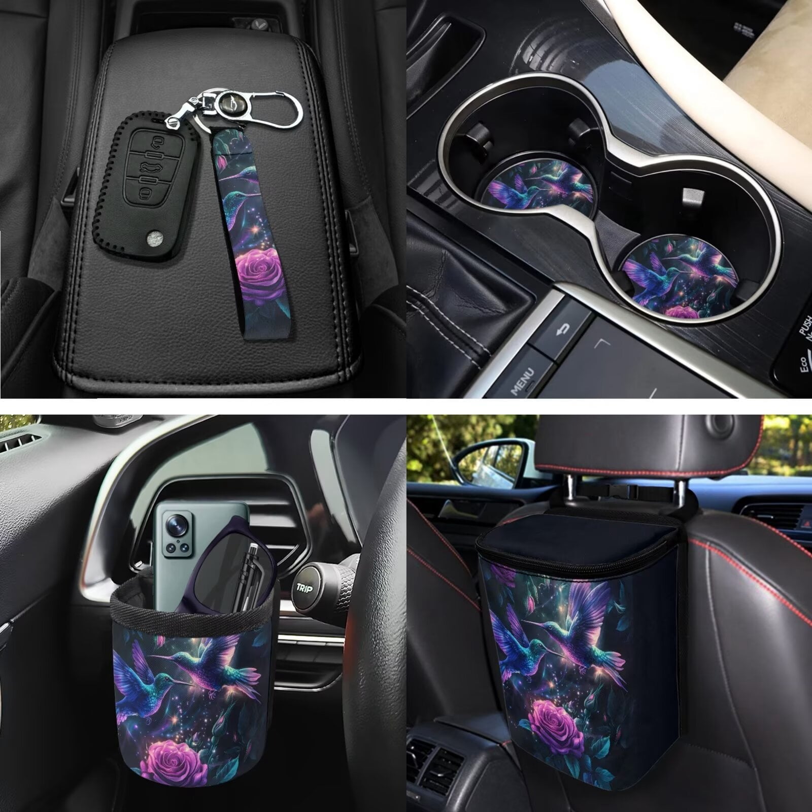 Jeiento Hummingbird Car Seat Cover Split Covers for Women, Steering Wheel Cover Seat Belt Strap Pad Trash Bag Mount Phone Holder Cup Holder Purple Rose Key Chain, 12 PCS