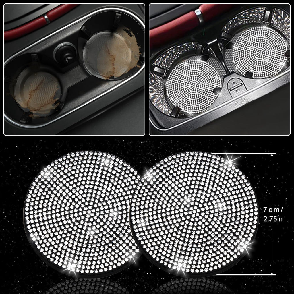 DEA 12 Pcs Bling Car Accessories Set for Women Car Floor Mats Full Set Steering Wheel Cover Seat Belt Covers Coasters Universal Fit Car SUV Truck Van Silver