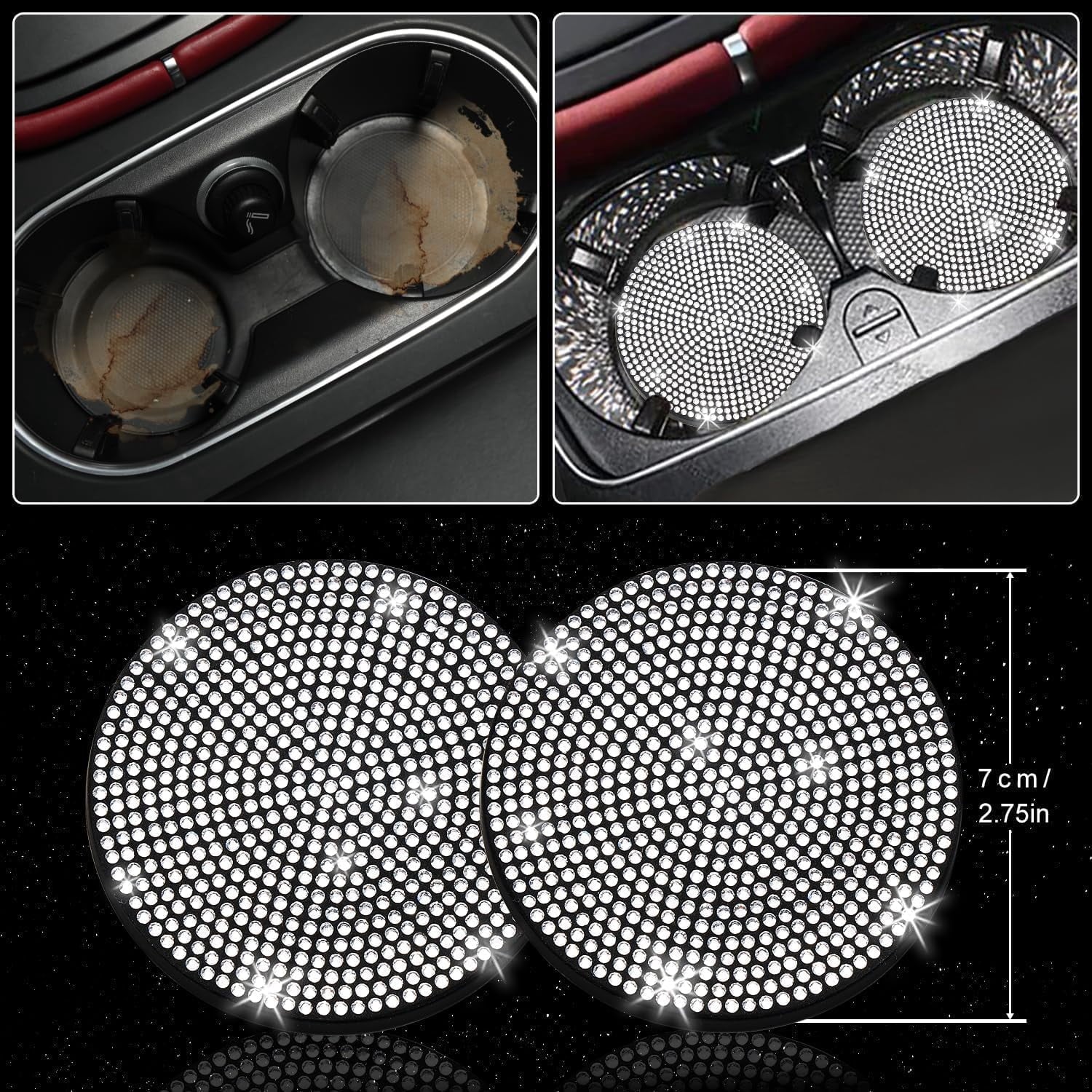 DEA 12 Pcs Bling Car Accessories Set for Women Car Floor Mats Full Set Steering Wheel Cover Seat Belt Covers Coasters Universal Fit Car SUV Truck Van Silver