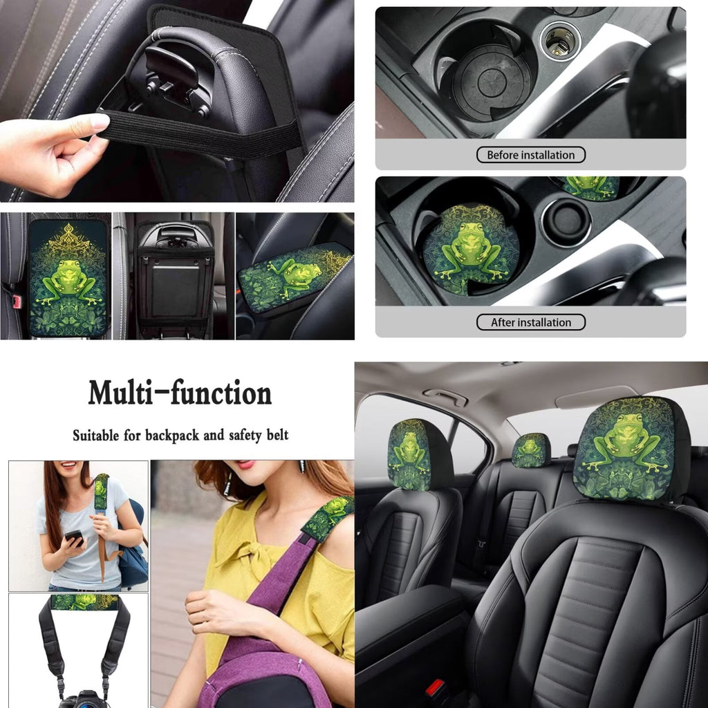 LedBack Boho Frog Printed Car Seat Covers Full Set Steering Wheel Cover Seat Belt Cover Armrest Pad Cup Mat Keychain Head Rest Covers for Car, Rear Front Seat Protector Car Accessories