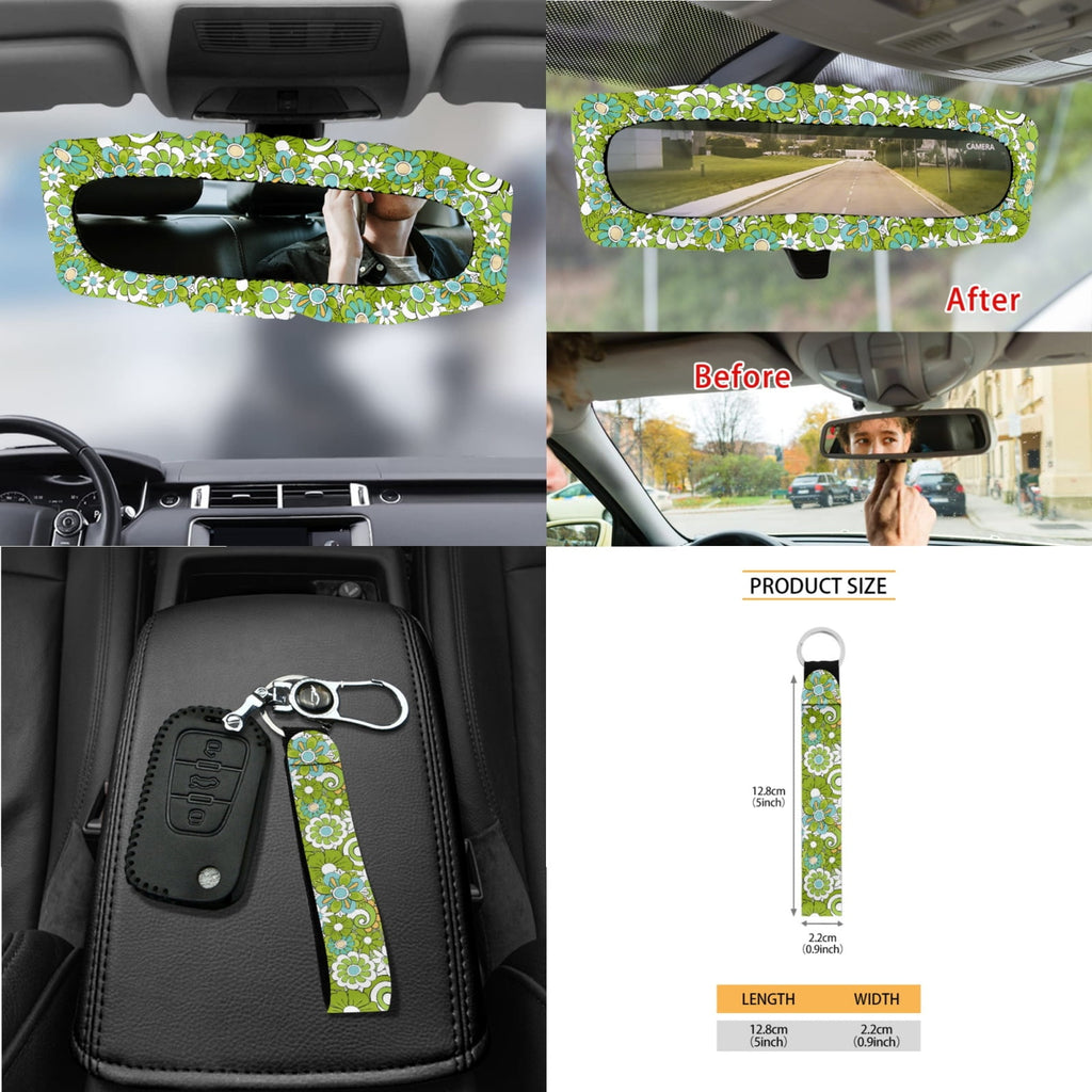 Renewold Hippie Flower Green Cyan Car Seat Cover Full Set 15 PCS, with Steering Wheel Cover Seat Belt Strap Pad Trash Bag Mount Phone Holder Rearview Mirror Accessories Cup Holder Keychain