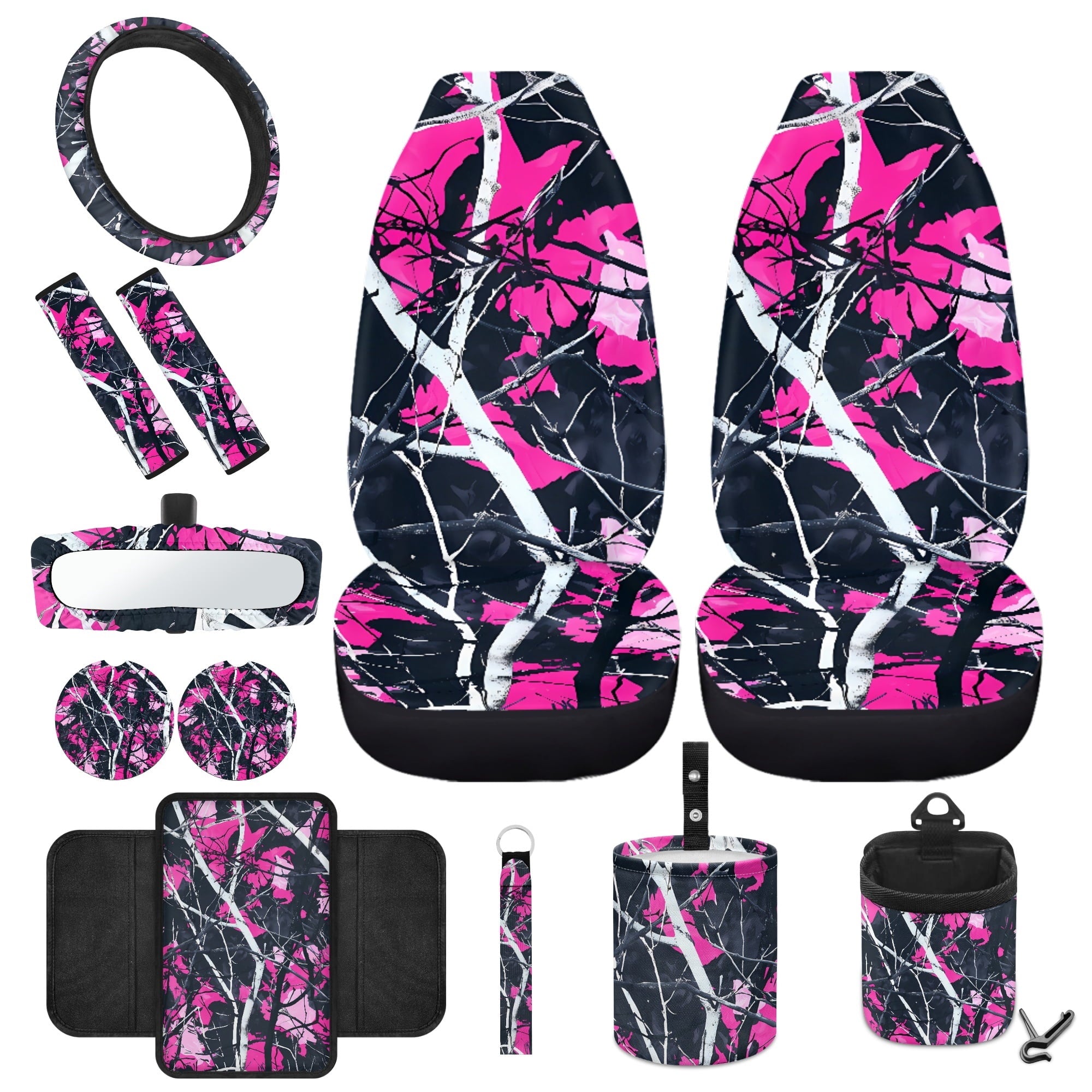 Jeiento Camo Hunting Front Car Seat Cover Full Set 12 PCS with Steering Wheel Cover Seatbelt Pad Armrest Pad Coasters Garbage Bins Rear View Mirror Cover Keychain Air Vent Storage Pouch Pink