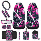 Jeiento Camo Hunting Front Car Seat Cover Full Set 12 PCS with Steering Wheel Cover Seatbelt Pad Armrest Pad Coasters Garbage Bins Rear View Mirror Cover Keychain Air Vent Storage Pouch Pink