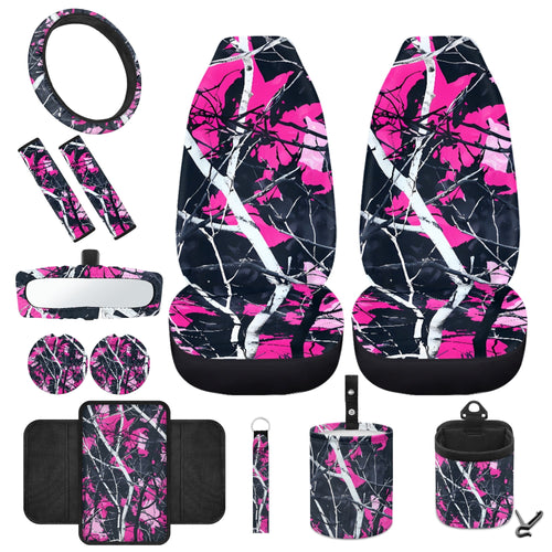 Jeiento Camo Hunting Front Car Seat Cover Full Set 12 PCS with Steering Wheel Cover Seatbelt Pad Armrest Pad Coasters Garbage Bins Rear View Mirror Cover Keychain Air Vent Storage Pouch Pink