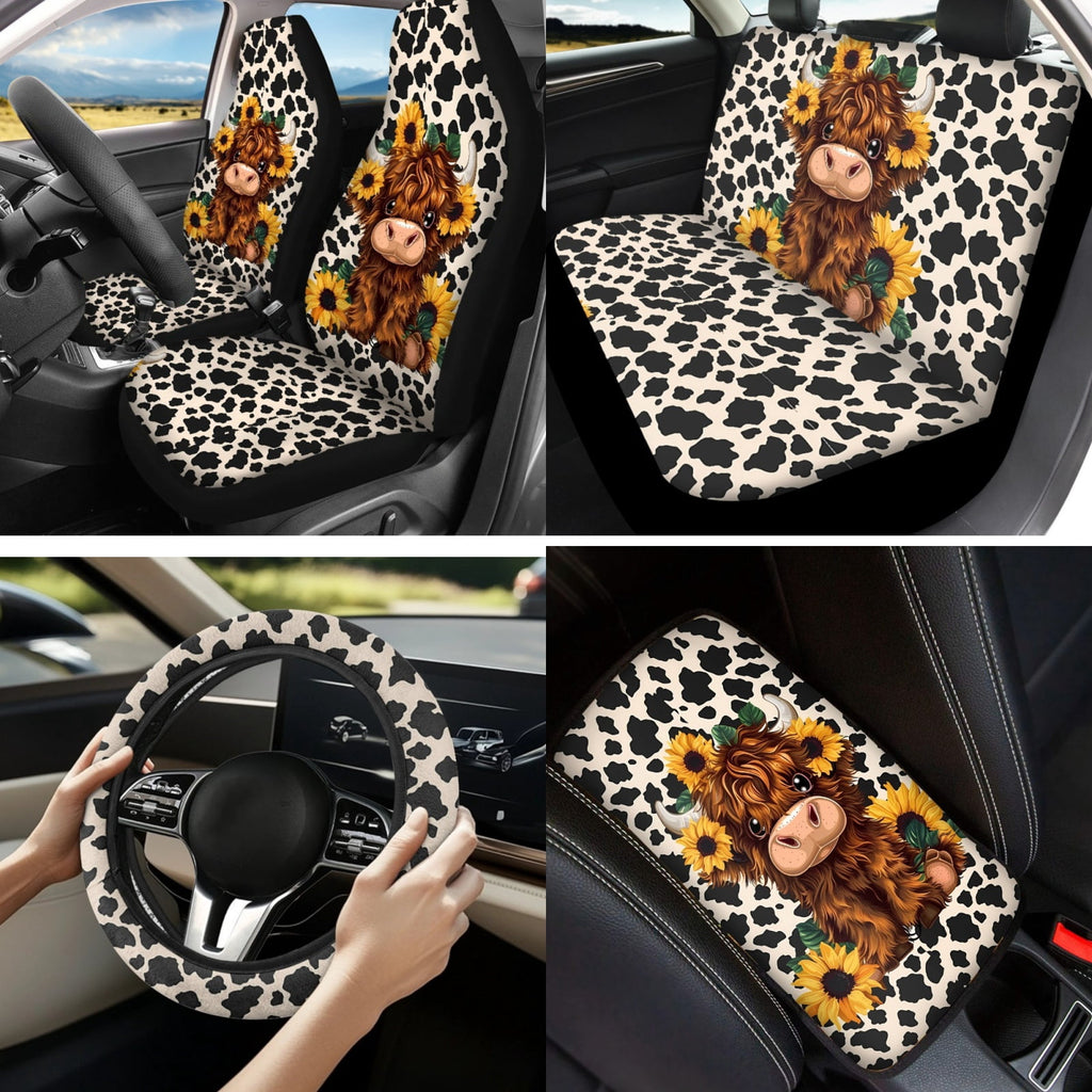 Yuyamidu Cute Highland Cow Car Seat Covers Full Set of 13 Cow Print Steering Wheel Cover Armrest Box Mat Seatbelt Pad Sunflowers Coasters Keychain Fit for SUV Van Truck Sedan