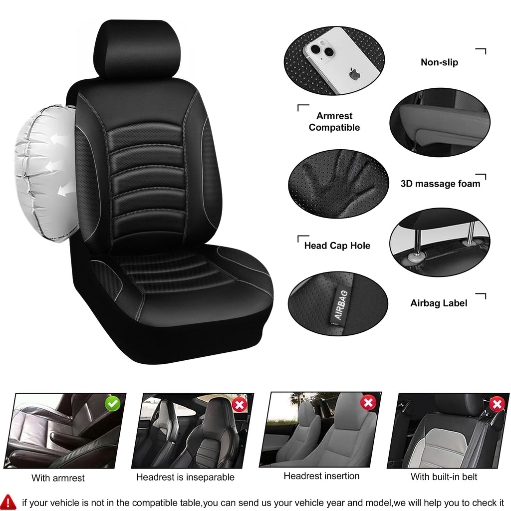 CAR GRAND Memory foam Leather seat covers Airy cool 3D Foam Water-resist Universal FIT leather car seat covers Front seat For Cars SUV Truck, Automotive seat protector Comfort faux Leather Black Gray