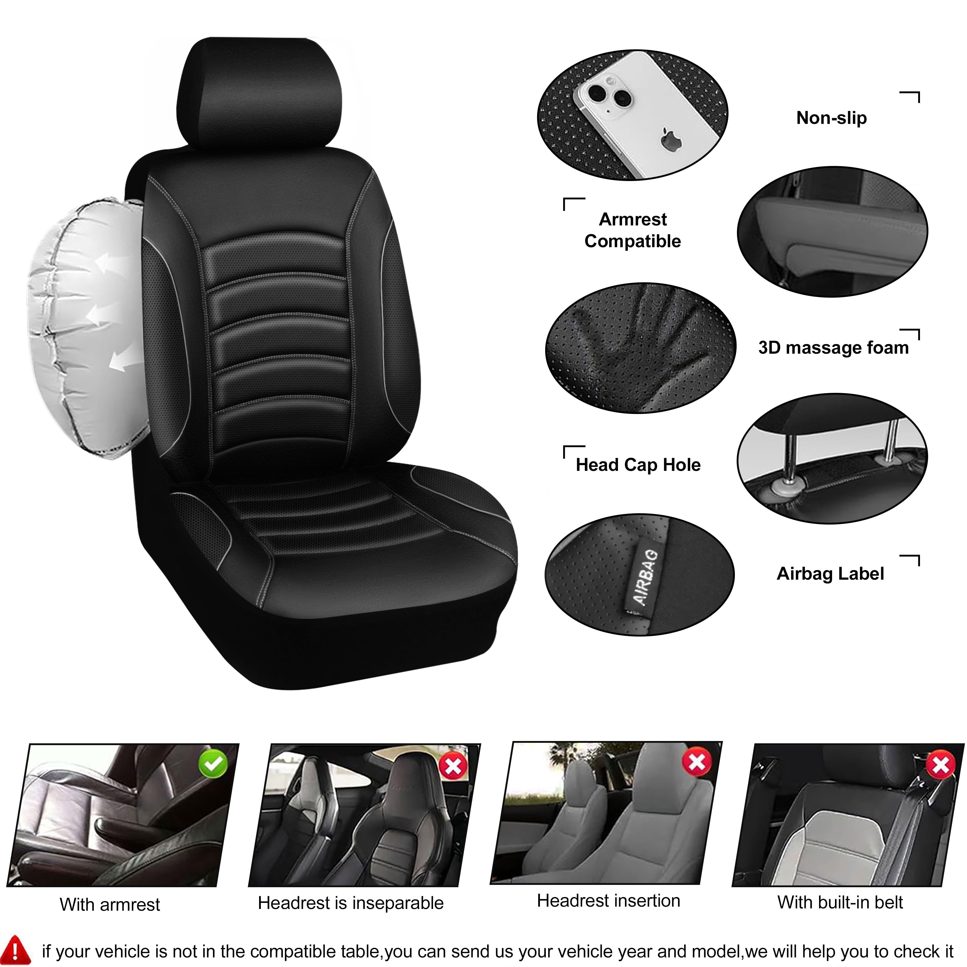 CAR GRAND Memory foam Leather seat covers Airy cool 3D Foam Water-resist Universal FIT leather car seat covers Front seat For Cars SUV Truck, Automotive seat protector Comfort faux Leather Black Gray