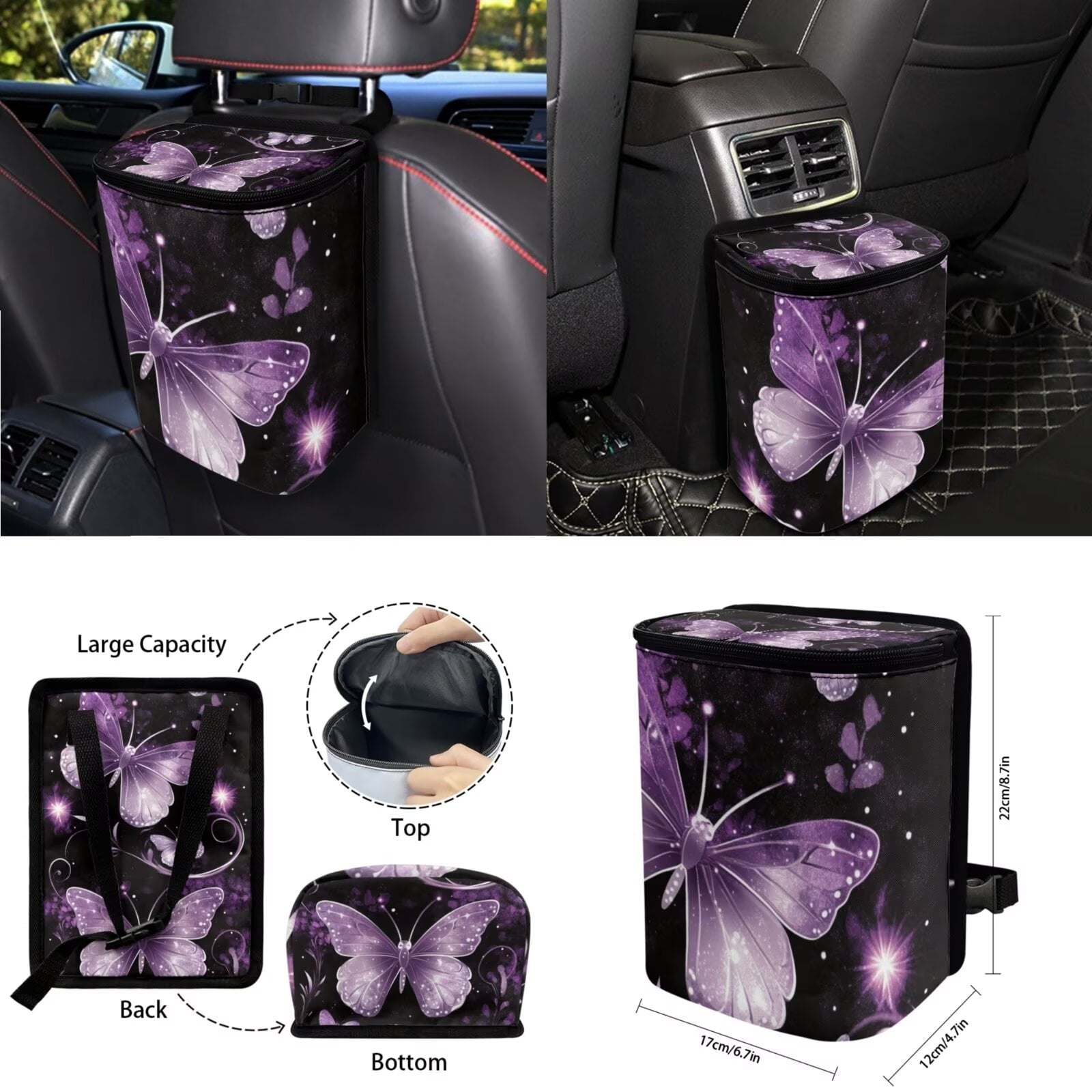 KUIFORTI 12 Pcs Butterfly Car Seat Covers and Accessories for Women, Steering Wheel Cover,Seat Belt Shoulder Pad Mirror Cover Coasters Car Auto Air Vent Keychain Chapstick Holder Car Trash Can