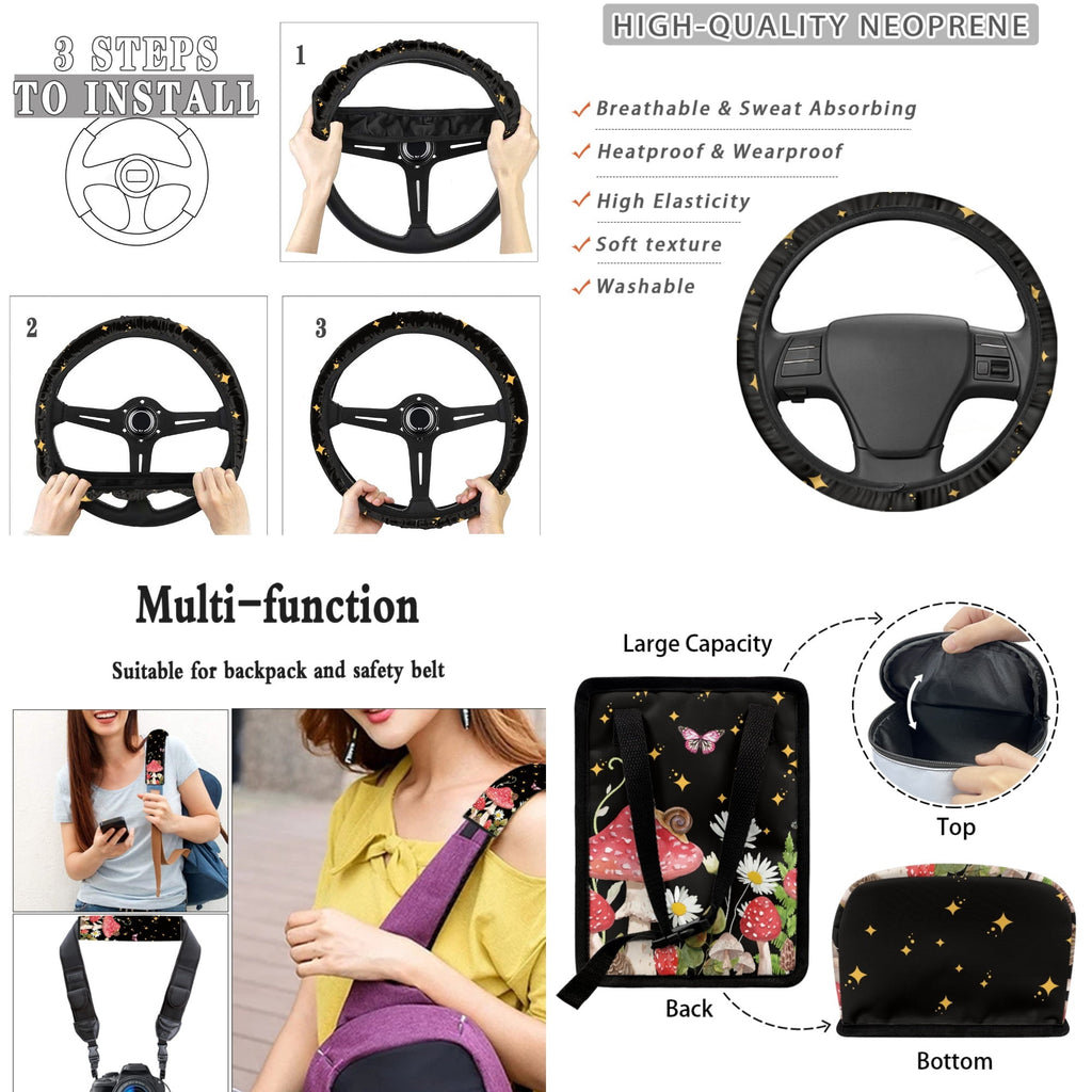 Yuyamidu Mushroom Car Seat Cover Set of 15 Daisy Steering Wheel Cover Seat Belt Covers Trash Bag Air Vent Holder Rear View Mirror Cover Cup Coasters Key Chain Auto Interior Accessories