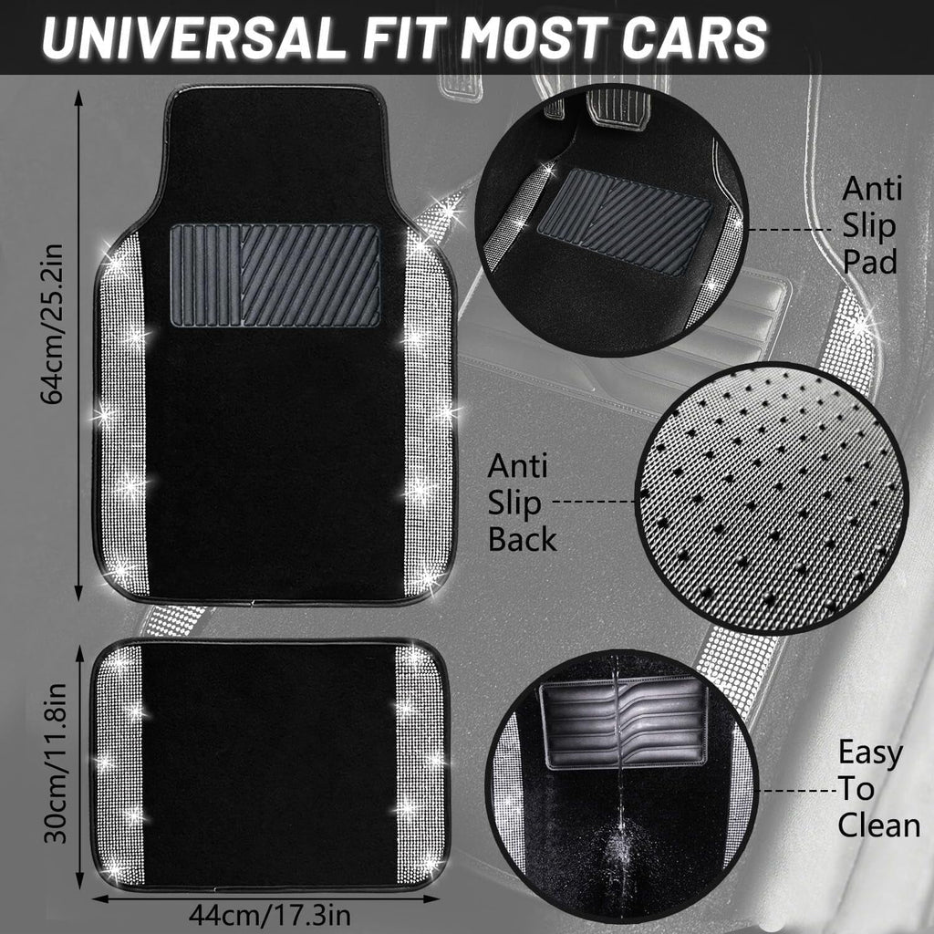 DEA 12 Pcs Bling Car Accessories Set for Women Car Floor Mats Full Set Steering Wheel Cover Seat Belt Covers Coasters Universal Fit Car SUV Truck Van Silver