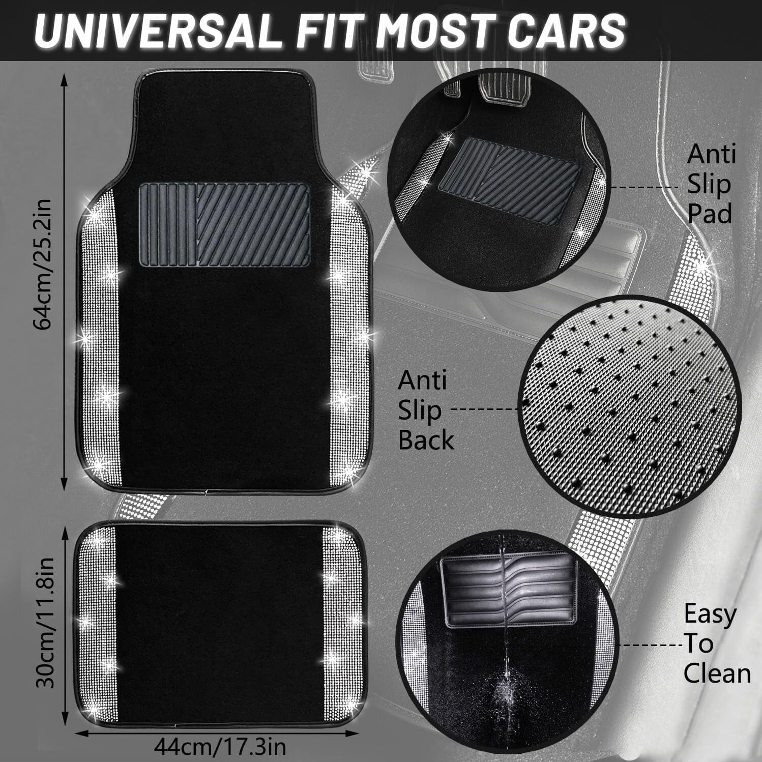 DEA 12 Pcs Bling Car Accessories Set for Women Car Floor Mats Full Set Steering Wheel Cover Seat Belt Covers Coasters Universal Fit Car SUV Truck Van Silver