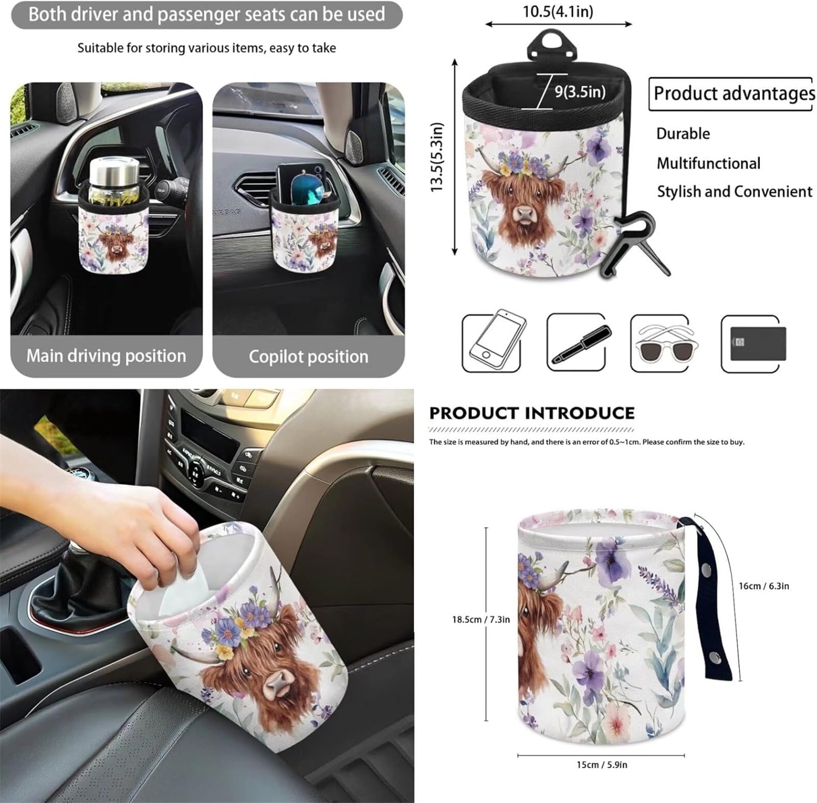 Yuyamidu 12 Pcs Highland Cow Car Front Seat Cover Set Purple Flower Steering Wheel Armrest Cover Seat Belt Pads Garbage Can Air Vent Pouch Rearview Mirror Cover Coasters Keychain Auto Accessories