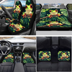Yuyamidu Frog ar Seat Cover Full Set of 15 Palm Leaves Car Floor Mats Steering Wheel Cover Seat Belt Strap Pads Cup Coasters Gear Shift Knob Cover, Green